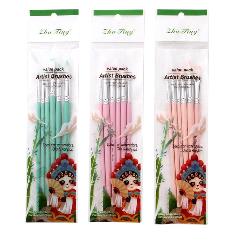 6 Brush Set Macaron Color Blue Rod Nylon Hair Brush Watercolor Gouache Propylene Brush