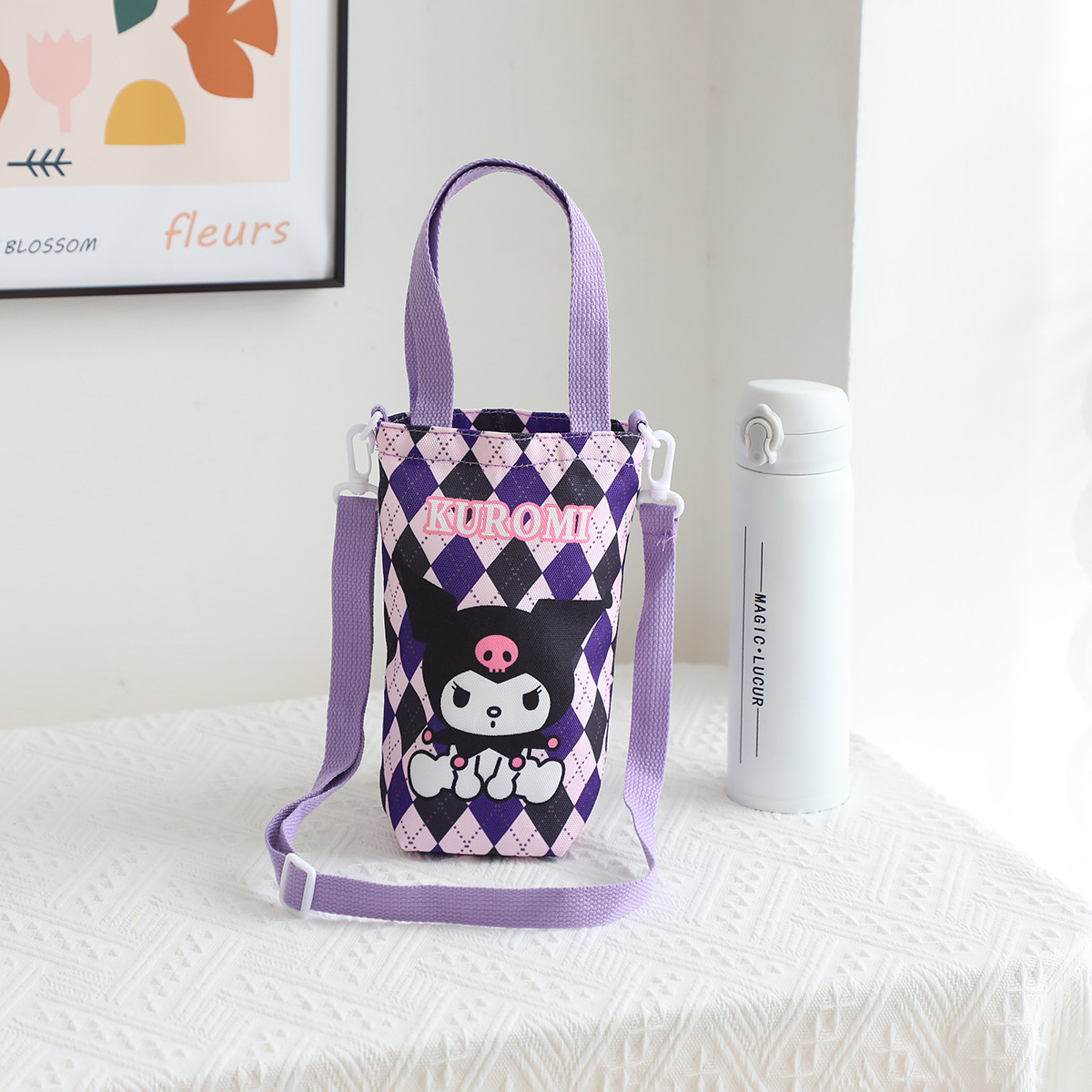 Picture of Japanese Style Cartoon Cute Canvas Water Cup Bag Crossbody Portable Dual-purpose Water Kettle Bag Outgoing Small Cloth Bag Handbag