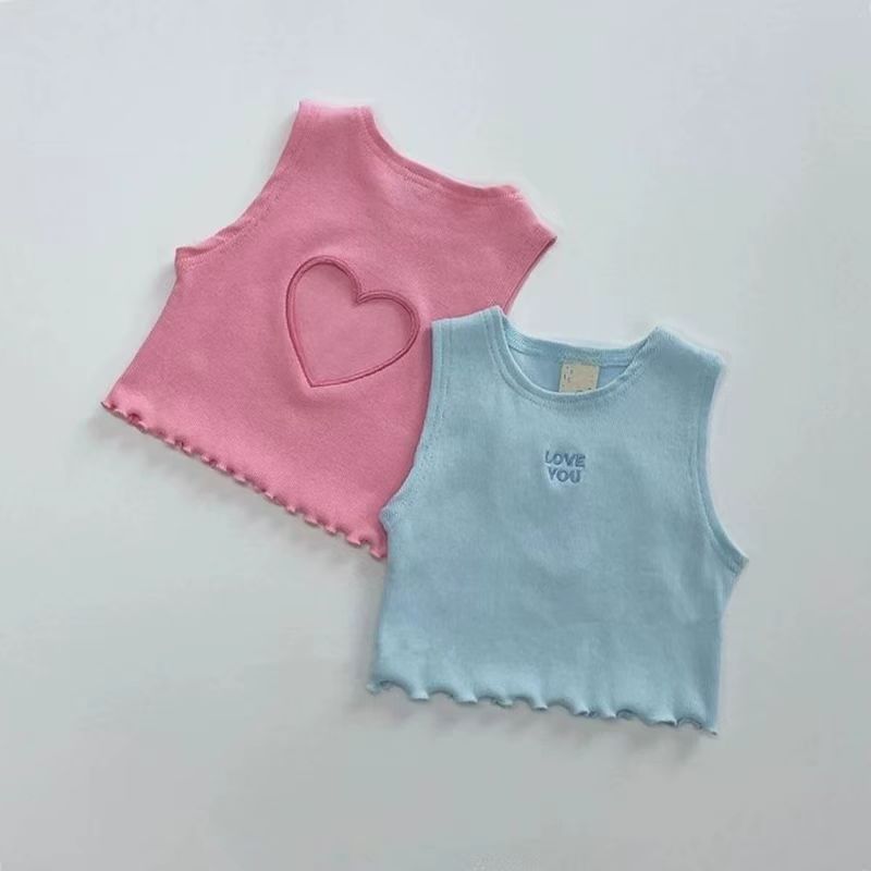 Summer New Thin Girls' Pure Cotton Fashionable Heart Cut Out Fashion Personalized Vest Kidsren's Baby Short Tops Trendy