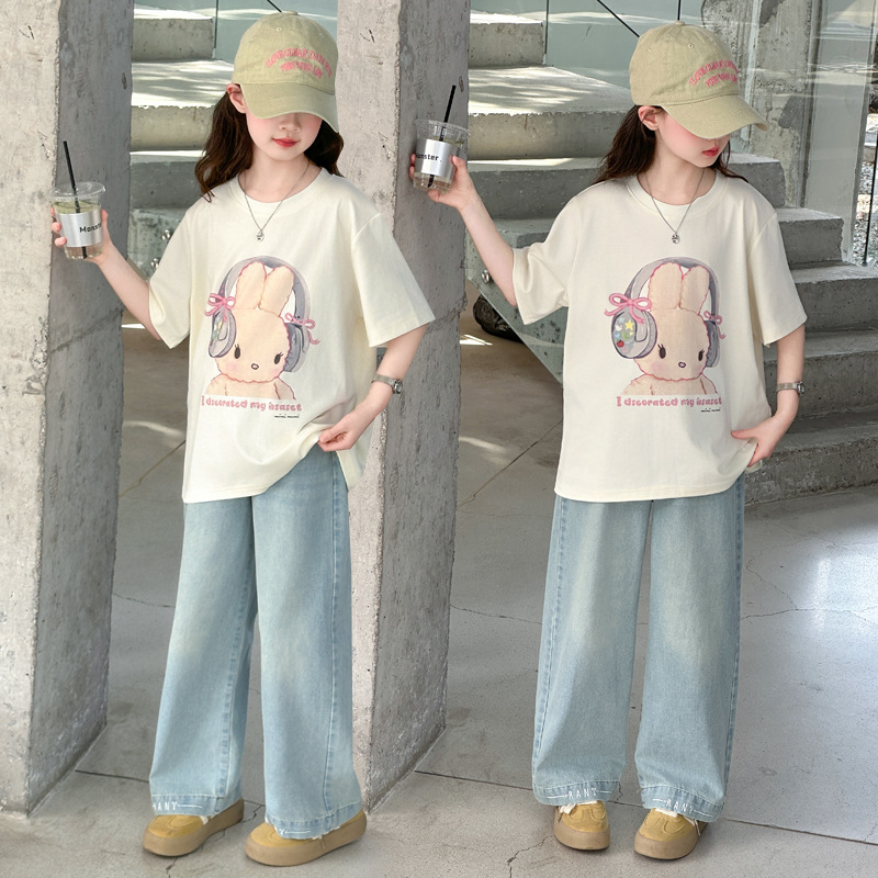 Girls Short-Sleeved T-Shirt Summer 2025 New Kidsren's Cartoon Tops Summer Thin Girls' Half-Sleeved Suits