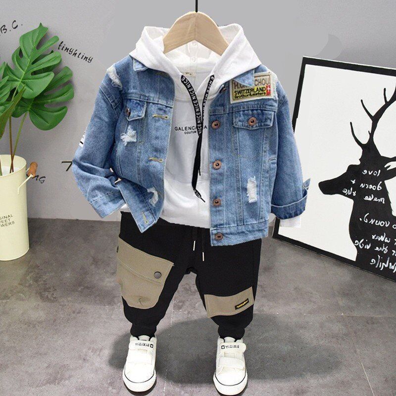 Children's suit 2024 Spring New Boys and Girls Fashionable Western Style Denim Coat Spring and Autumn Denim Three-piece Set Fashion