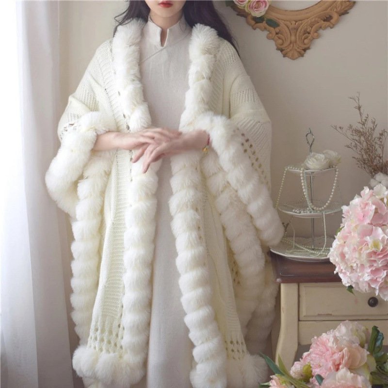 Autumn and Winter New Style Cheongsam with Fleece Shawl, Thickened Lazy 2025 Knitted Fur Cape, Warm Plush Coat