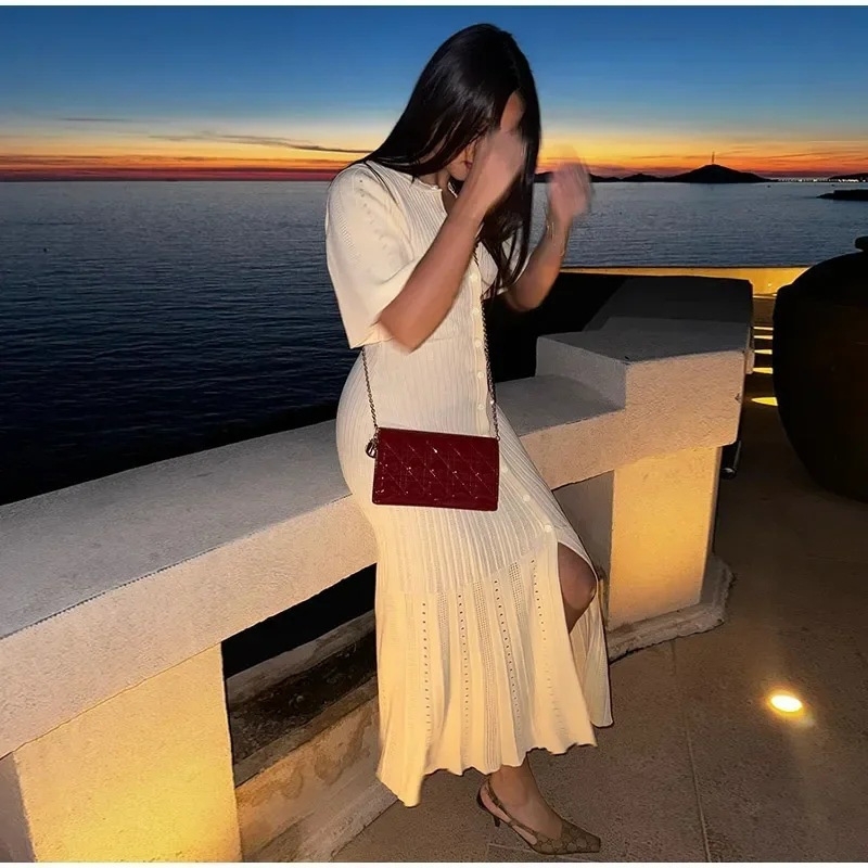 Dress Summer European and American Sexy Splicing Button Short-Sleeved Knitted Dress Apricot Black Slim Slim Long Skirt