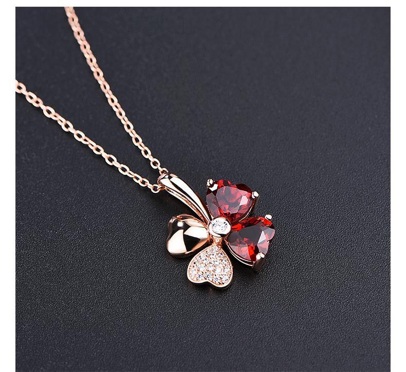 Picture of Luxury Korean-style Lucky Four-leaf Clover Necklace Synthetic Garnet Pendant Red Crystal Necklace Women's Clavicle Chain Silver Jewelry