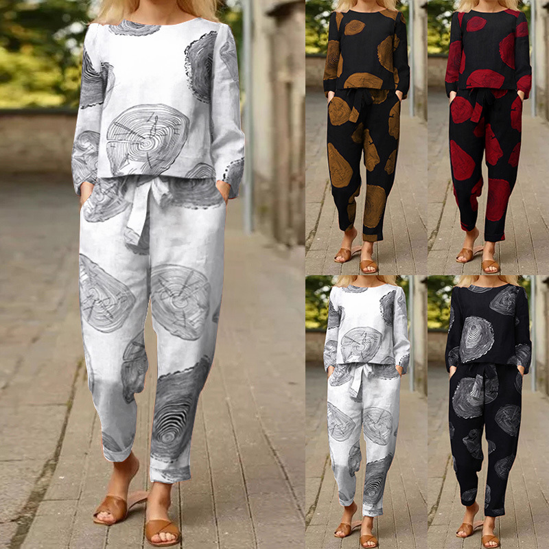 2022 Cross-border Amazon European and American New Women's Autumn Flower Print Casual Top and Pants Set