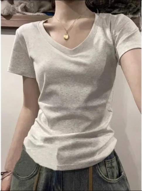 Picture of Super Slim Summer Dipping Sense Shoulder Tight Waist V-Neck Short Sleeve Top Base Good Wear Beware Spice Girls T-Shirt Women