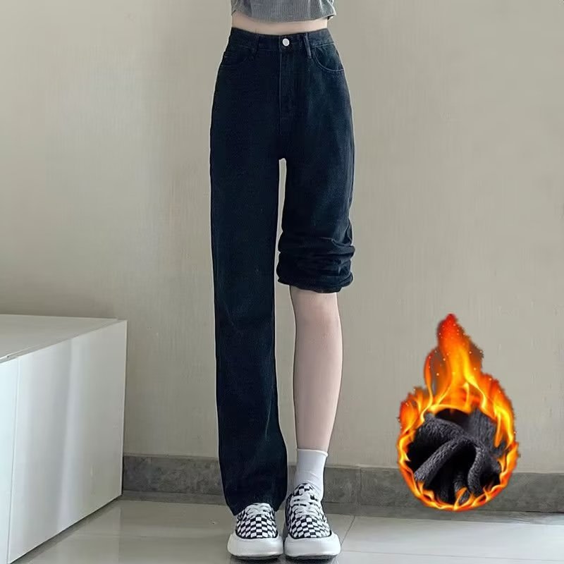 Black Wide Leg Jeans Women's Autumn and Winter 2023 New fleece-lined Straight Fashionable Loose Dipped Long Pants
