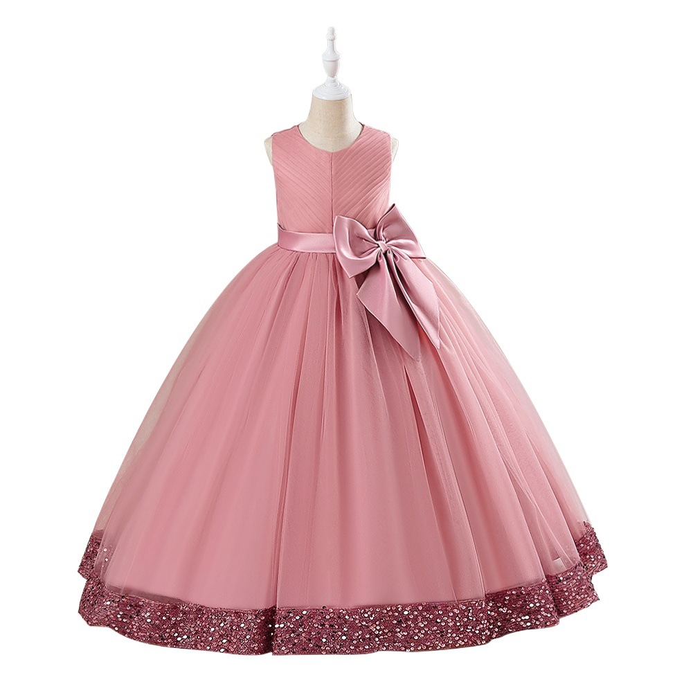 European and American New Sequin Children's Dress Bow Princess Dress Flower Children's Wedding Dress Large Children's Mesh Gauze Pontoon Dress