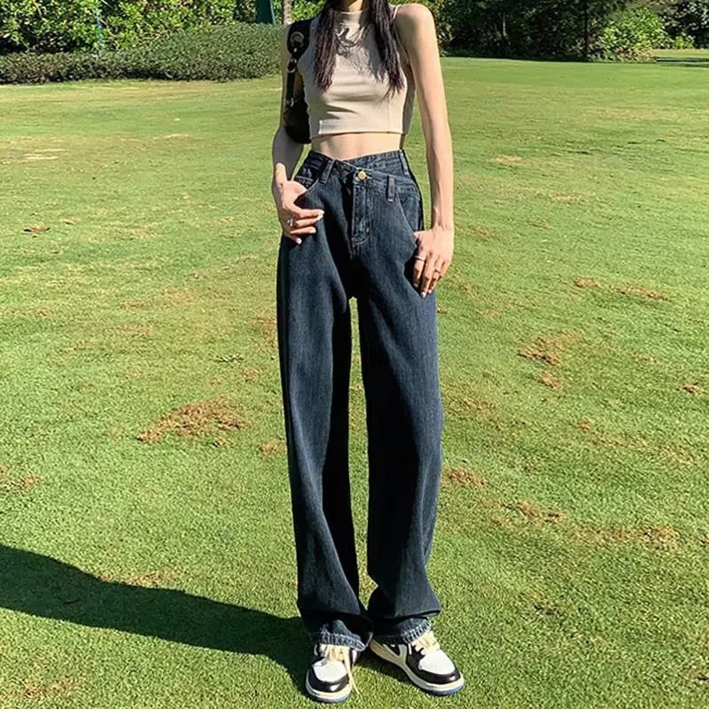 Blue Gray high waist jeans for women 2023 Spring and Autumn New loose slimming straight drape irregular wide leg pants