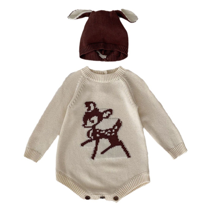 2025 Autumn Infant Girl Sika Deer Long Sleeve Knitted Jumpsuit Triangle Romper Optional Hat