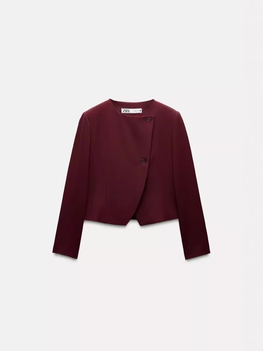 Cross-border wholesale ZA women's clothing 2024 autumn and winter new European and American style round neck short slanting placket button decoration long sleeve coat