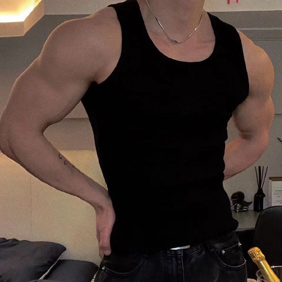Summer Men's Vest Heavy Cotton Thick Thread Street I-Shaped Sleeveless Fitness Elastic Slim Fit Elastic Sweat-Absorbent Muscular Men