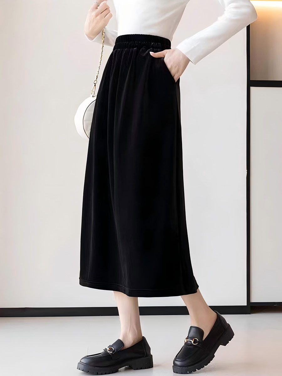 Women's Spring and Autumn Mid-Length Skirt with Pockets, High-Waisted Slim-Fit Velvet Skirt with Back Slit and Velvet Texture