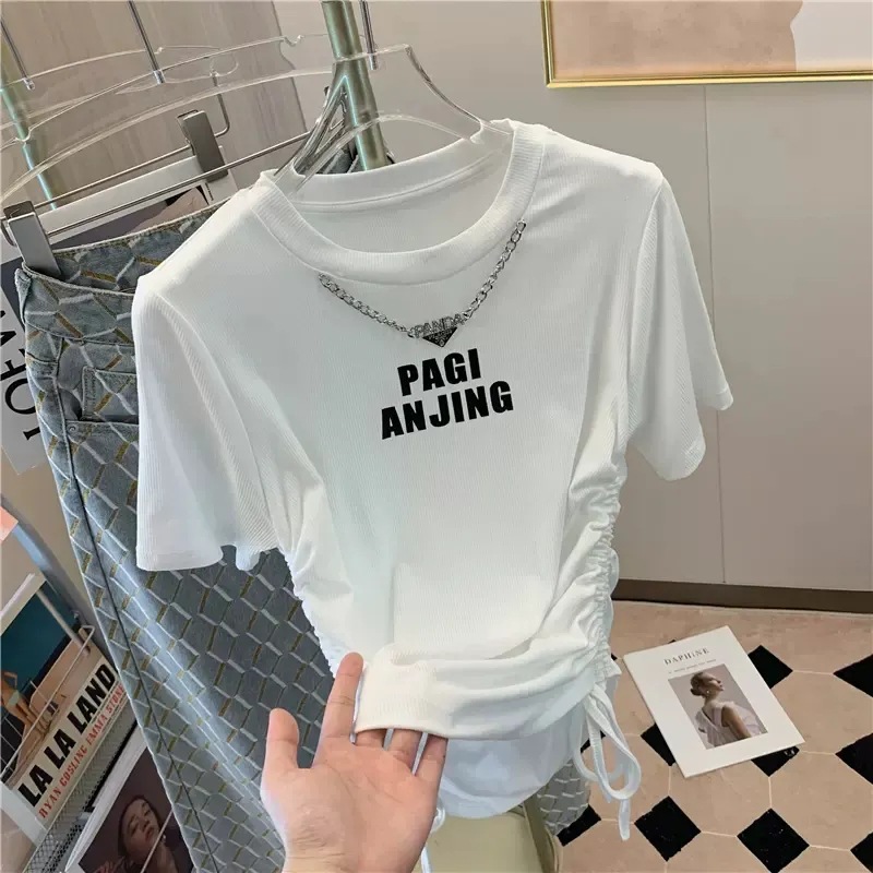 Short-sleeved T-shirt Women's 2024 Summer New Slim-fit Crewneck Necklace Double Drawstring Design Sense Niche Top Ins Trendy