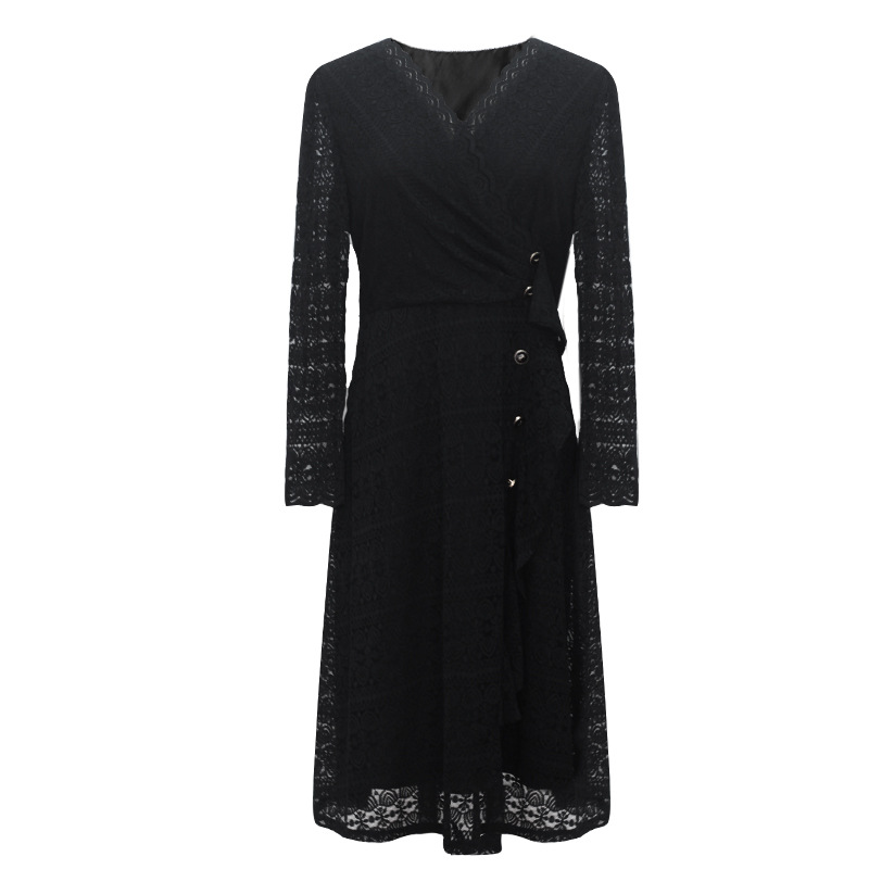 Picture of Lace dress European and American plus size spring new black socialite V-neck stretch sexy slimming versatile A- line skirt