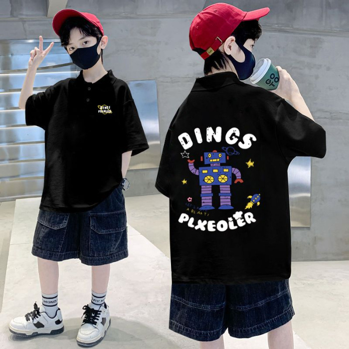 Picture of 100% Cotton Boys' POLO collar summer children's clothing handsome boys' half sleeve round neck T-shirt middle and big children's fashion top