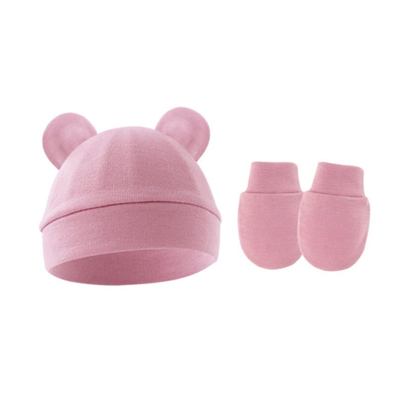 Picture of 2022 Foreign Trade Baby Fetal Hat Baby Pullover Cap Single Layer Bear Ear Hat Anti-scratch Gloves 2 Pieces Set