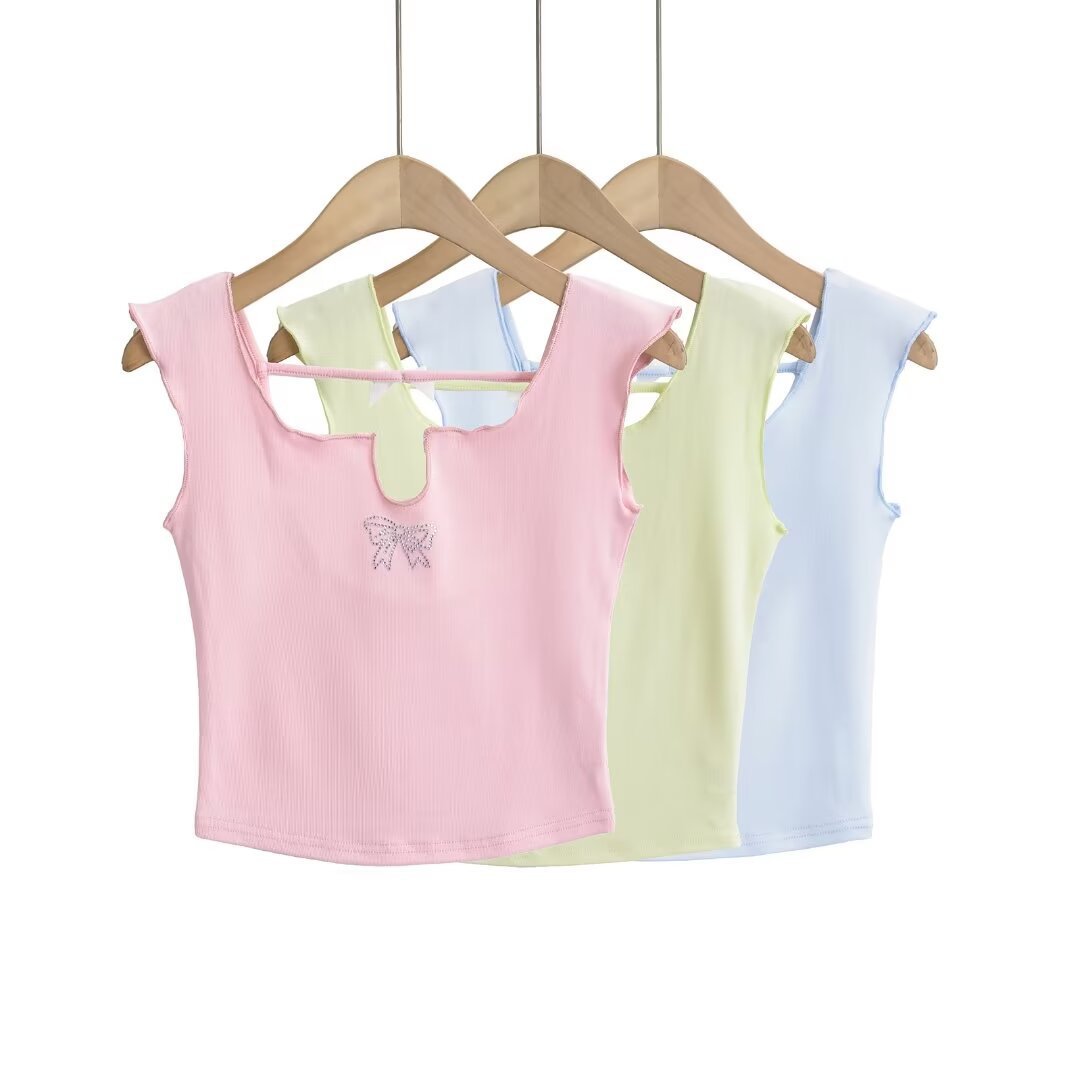 2024 Summer Hot Drilling Butterfly V Short Sleeve Design Sweet Girl Fashion Short Sleeveless Vest Short Sexy T