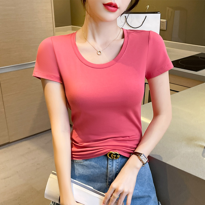 Raspberry Red Slim-fit Short-sleeved T-shirt Women's Design Sense Niche Basic Shoulder Dress for Summer