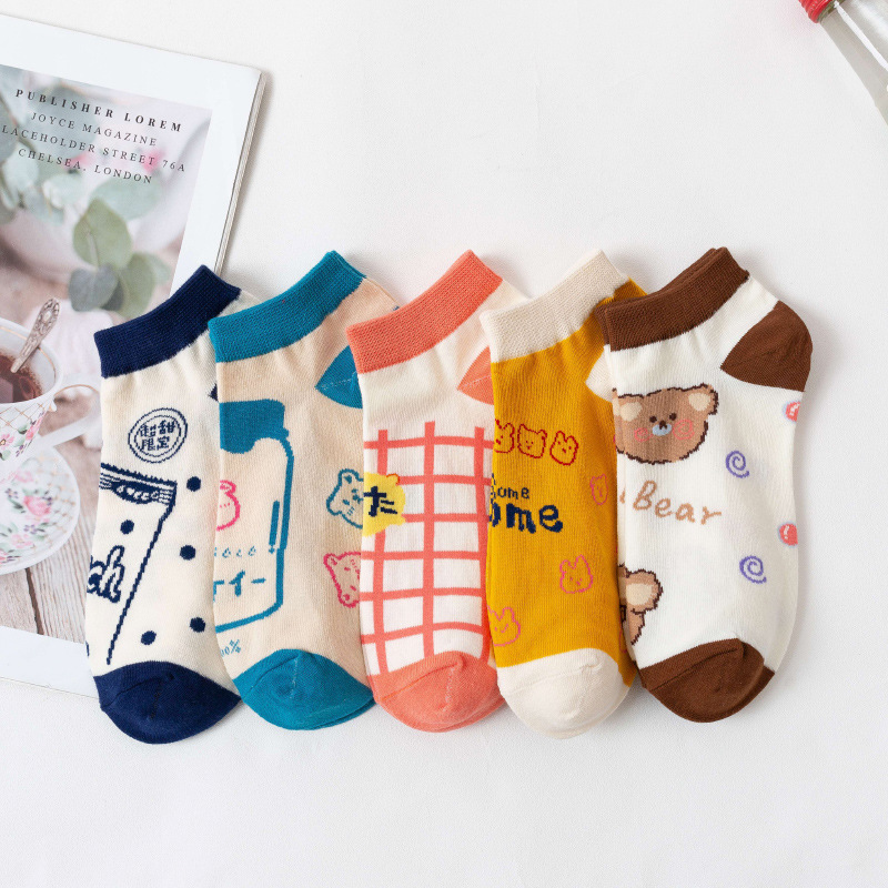 Socks Women's Spring and Summer Thin Short Socks Shallow Mouth Cute Japanese Anime Cartoon Bear Girls Summer Low-Fit Boat Socks