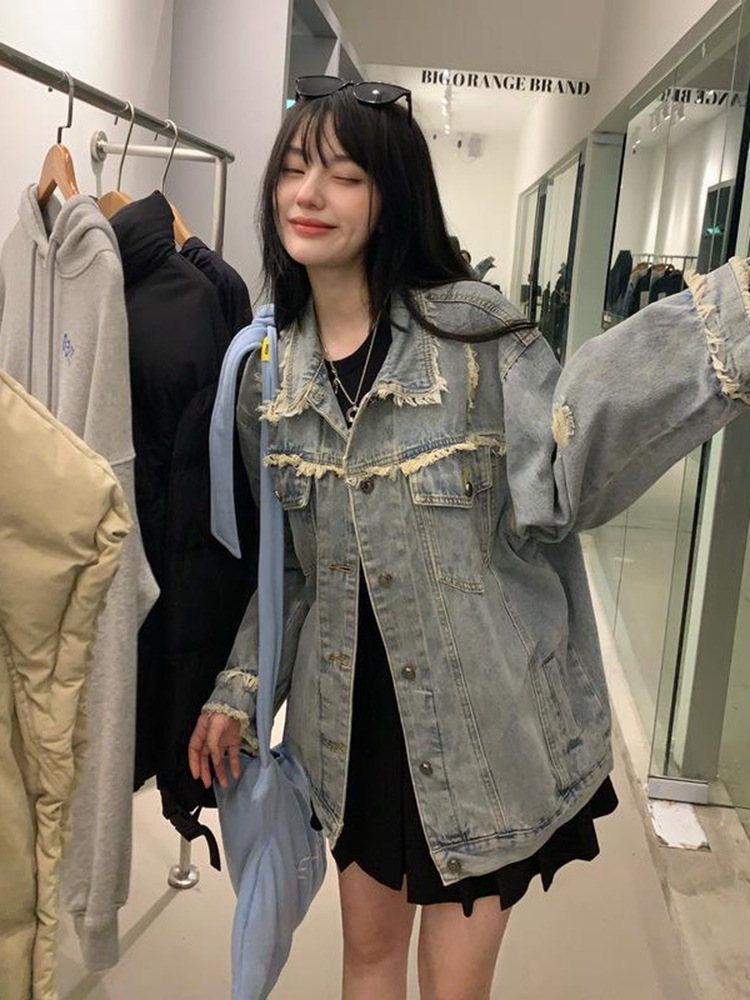Picture of Korean Style Loose Ripped Edge Denim Jacket Women's Autumn 2023 New Design Sense Niche Jacket ins Top