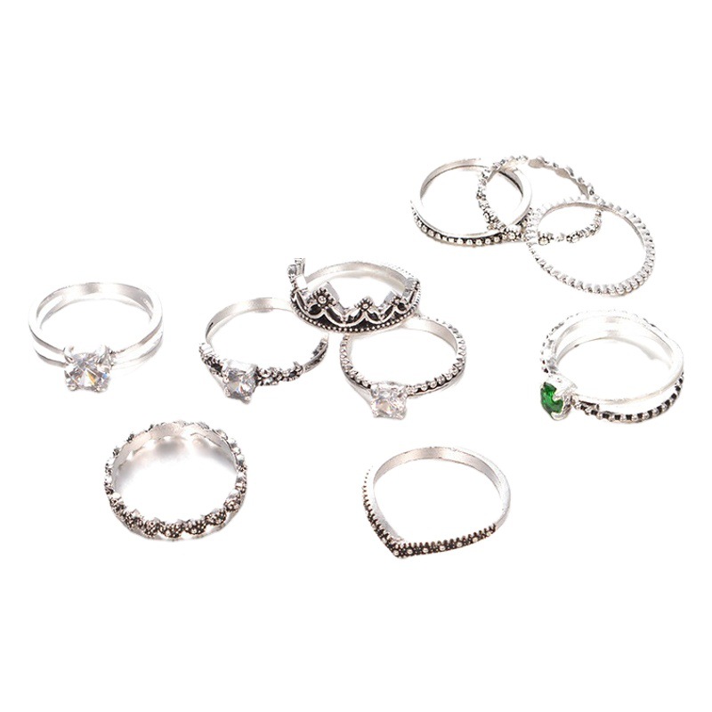European and American Jewelry Hot Sale Retro Zircon Emerald Ring Set 12-Piece Set Ring White Gemstone Ring Wholesale