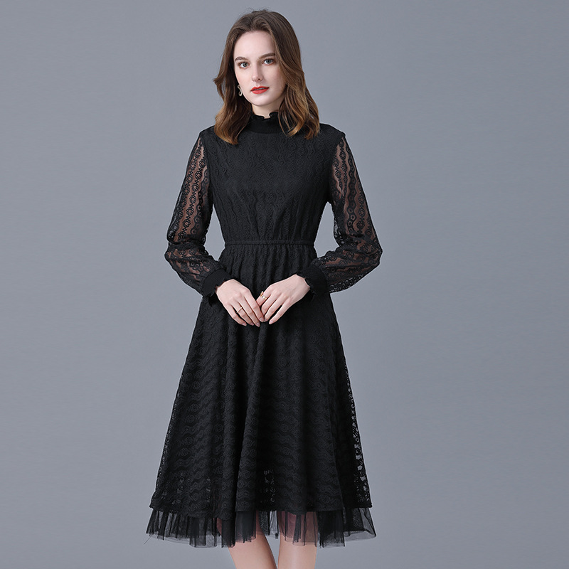 Picture of European and American plus size brand small black dress 2022spring and autumn new style fat sister long sleeve lace casual dress