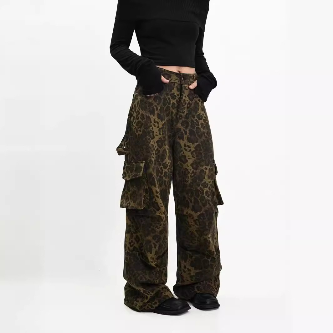 American Retro Leopard Print Jeans for Women Spring and Summer 24 New Niche Hip-Hop Work Pants Loose Wide-Leg Pants