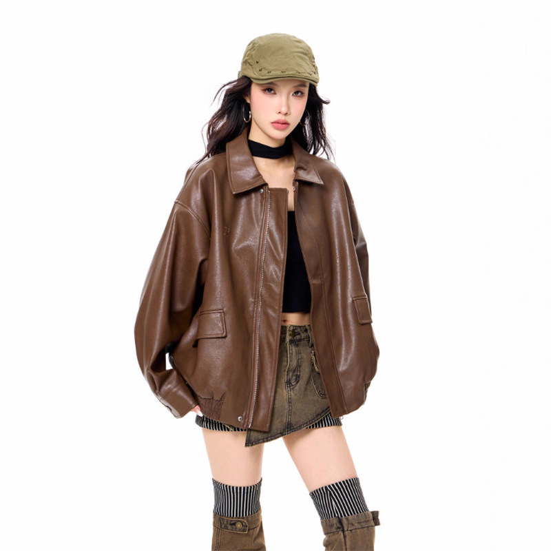 Maillard brown motorcycle leather jacket women's 2025 new spring and autumn American retro PU small leather jacket trend
