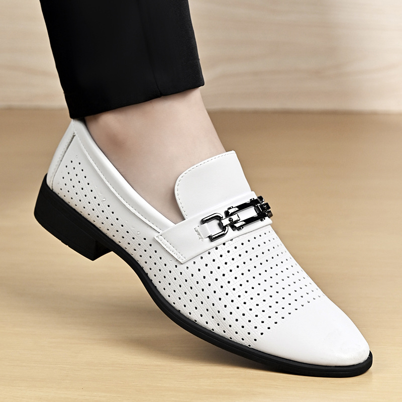 2025 New Summer Sandals Men's Business Formal White Leather Shoes Cut Out Hole Shoes Non-Slip Breathable White Shoes
