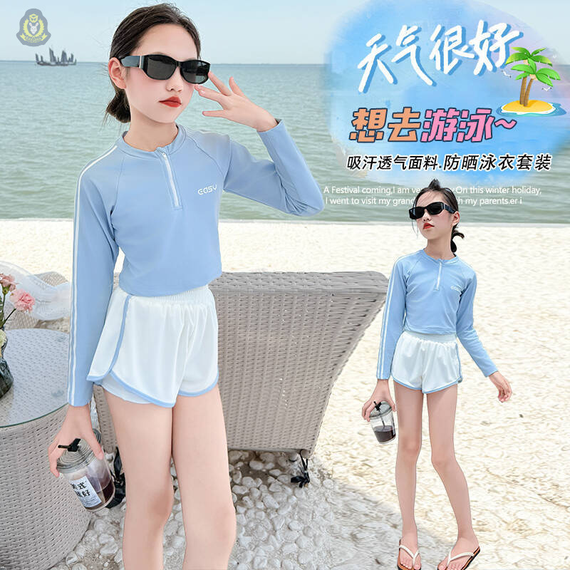 Picture of 2025 New Girls Swimsuit Set for Older Children Long-Sleeved Sun Protection Split Swimming Girl Beach Swimsuit Cross-Border
