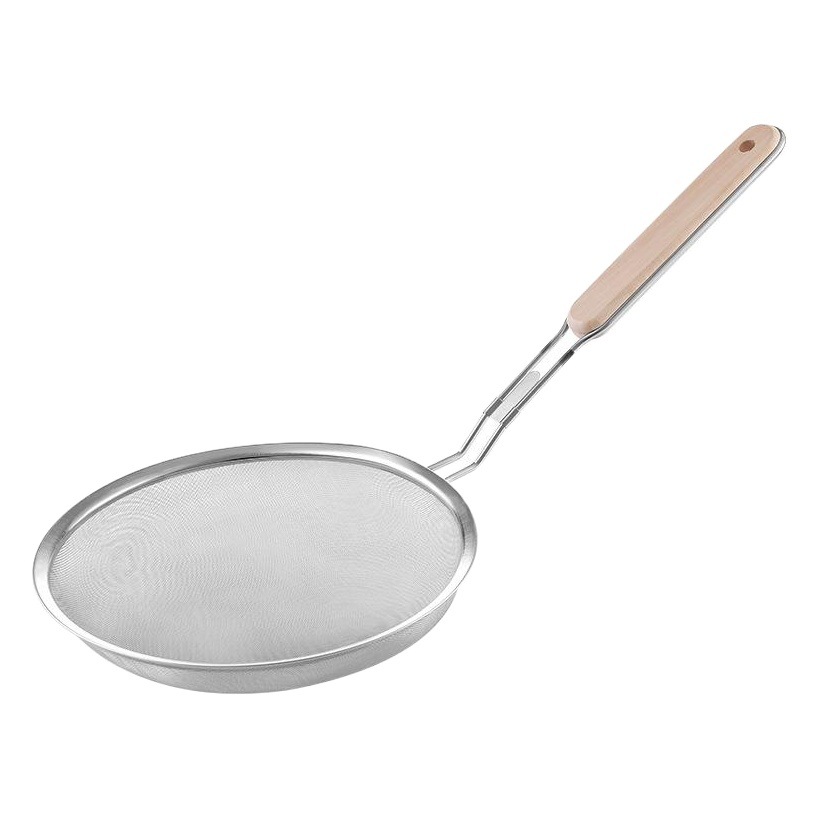 Picture of 201 stainless steel colander wooden handle punching oil grid 40 mesh flour sieve baking tools Kitchen Dumpling fishing filter
