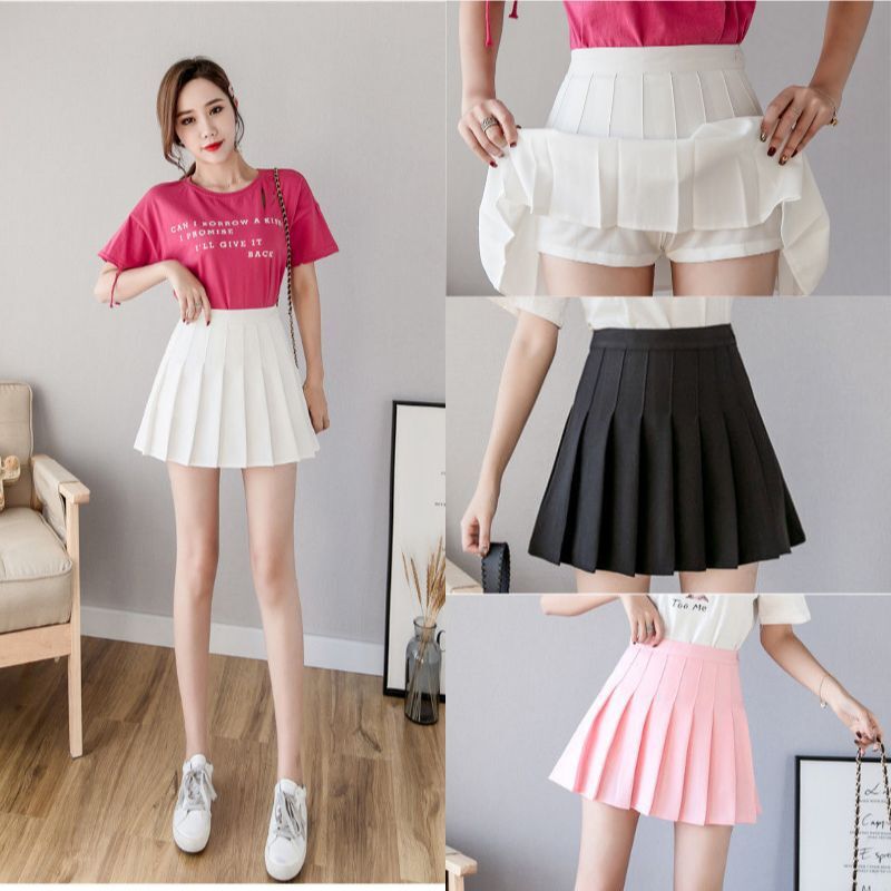 in stock high waist pleated skirt short skirt women's autumn skirt academic style Korean solid color anti-glare A- line skirt wholesale