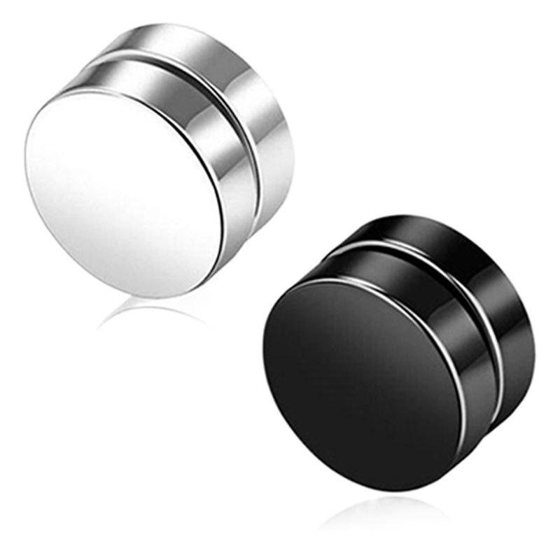 Picture of Trendy men's iron-absorbing stone ear clip earrings men's non-earhole black titanium steel ear clip round children's magnet false earrings double-sided