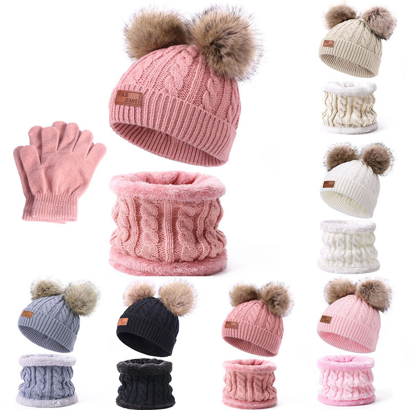 Picture of Winter Children's Neck Hat Two-Piece Pompom Baby Baby Knitted Hat Warm Wool Fleece-Lined Thickened Neck Set