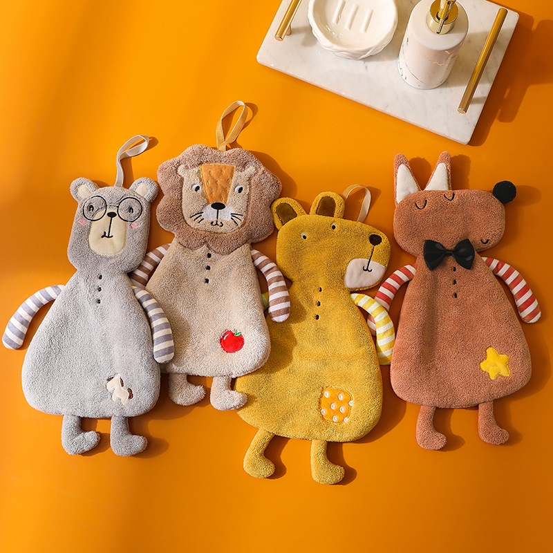 Cartoon Animal-Shaped Coral Velvet Hand Towel Bathroom Hanging Absorbent Towel Kitchen Thickened Embroidered Square Towel