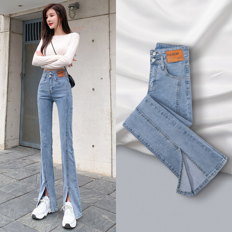 Picture of High waist stretch slim-fit split skinny jeans women's design new light-colored straight slimming flared mop pants