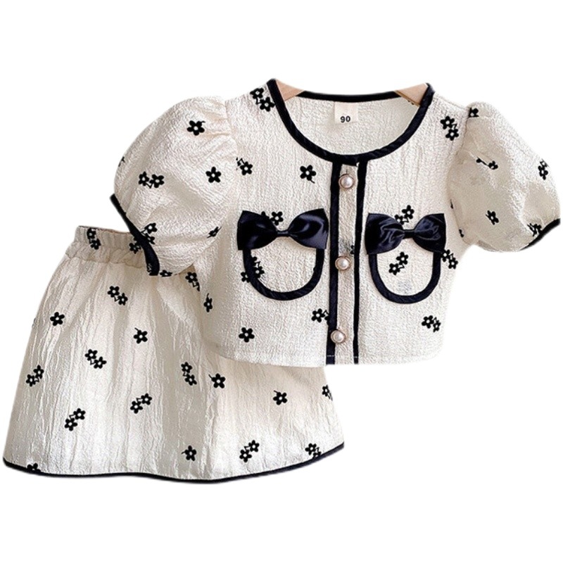 Korean Style Children's Clothing 2024 Summer New Style Girls Sweet Small Fragrance Suit Children's Fashionable Short-Sleeved Skirt Two-Piece Set