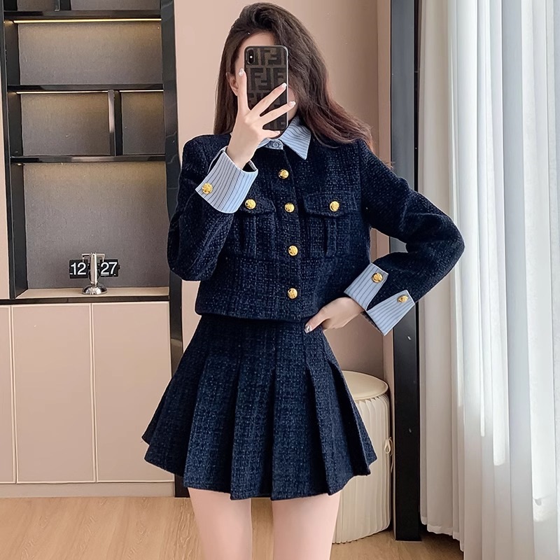 Korean-style autumn and winter small dress socialite temperament small fragrant style suit women's daughter thick wool pleated skirt two-piece set