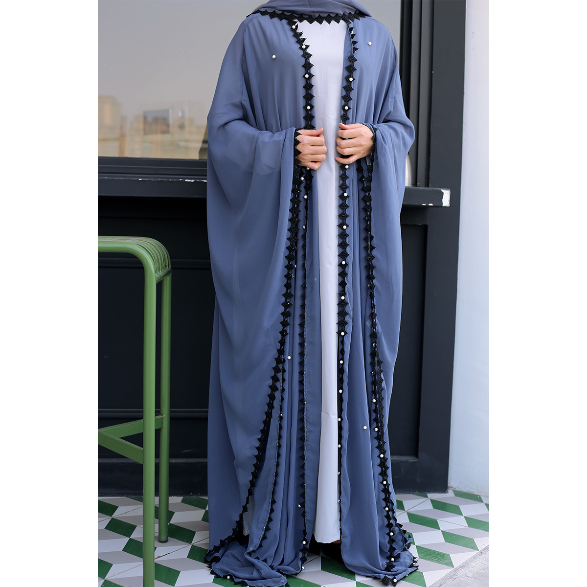 Picture of European and American muslim Trendy Lace Stitching Beads Loose Lace Long Sleeve Cardigan Women's 1653