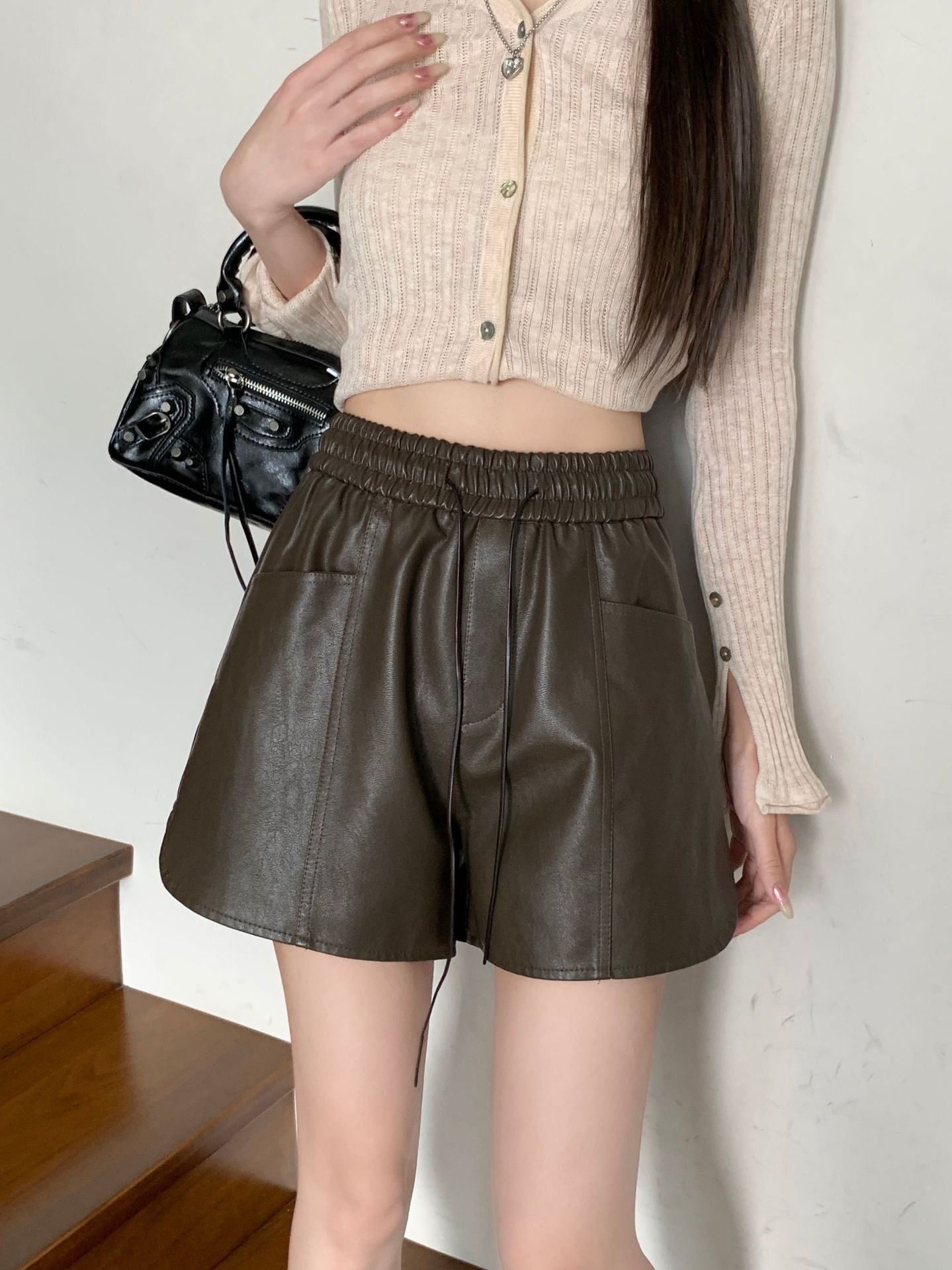 pu leather shorts women's 2024 spring and autumn latest elastic high waist slimming wide leg black versatile outerwear casual pants