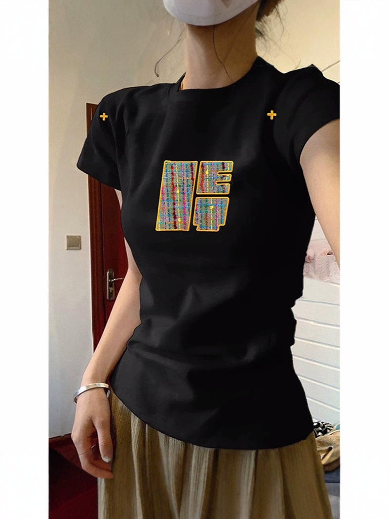 American Short-Sleeved Pure Cotton Right Shoulder T-Shirt for Women Summer 2025 New Style Short Slim Top Niche Design