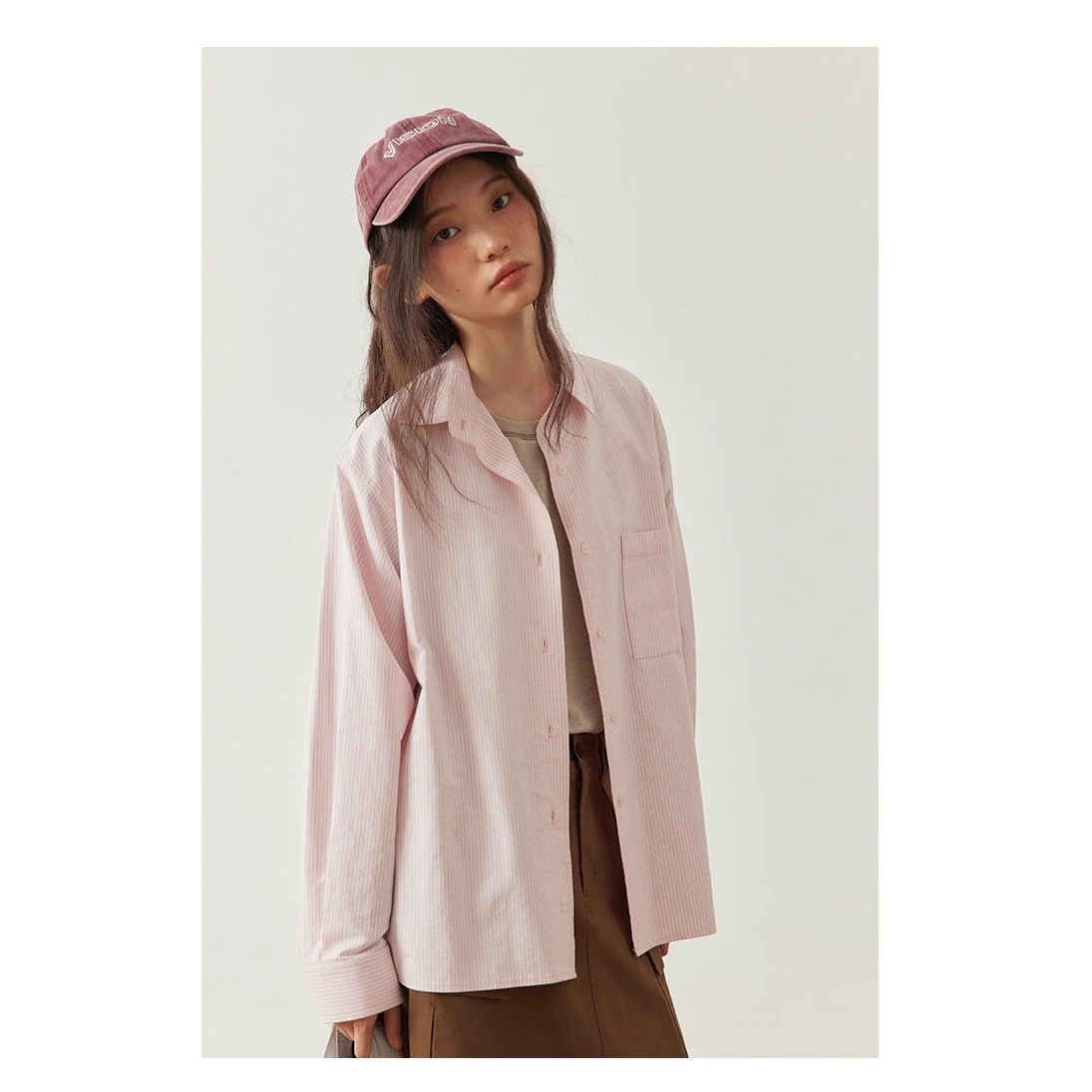 Spring and Autumn New Pink Striped Shirt Jacket Small Inner Niche Base Shirt Women's French Long Sleeve Top