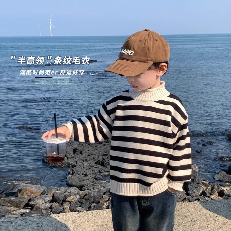 Girls' Sweater Turtleneck Autumn and Winter Boys' Thickened Striped Inner Wear Children's Baby's Knitted Base fleece-lined Sweater