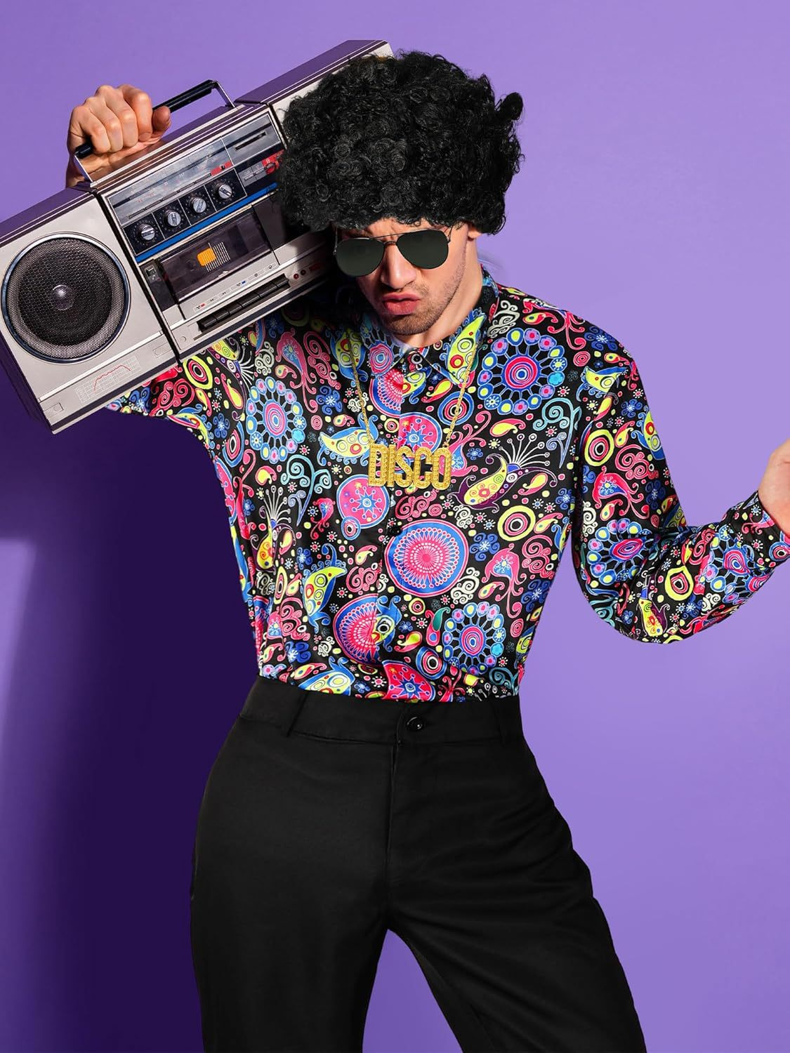 Men's 70 s Disco Clothing Includes Retro Shirt Flared Pants Wig Sun