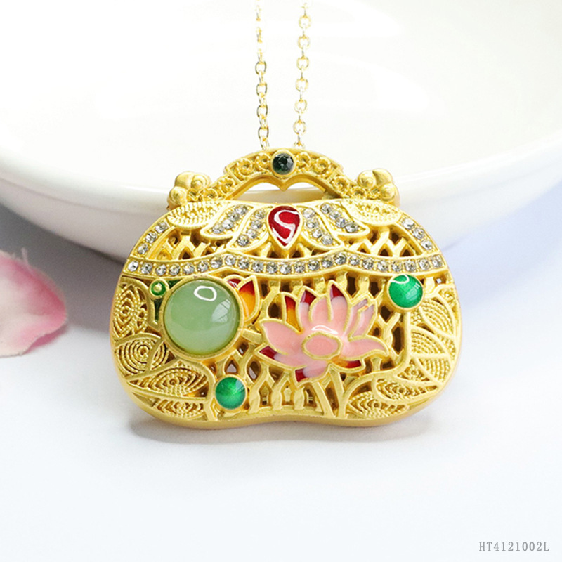 Xinyu Natural Hetian Jasper Pendant Enamel Lotus Sachet Necklace National Tide Wholesale HT4121002L