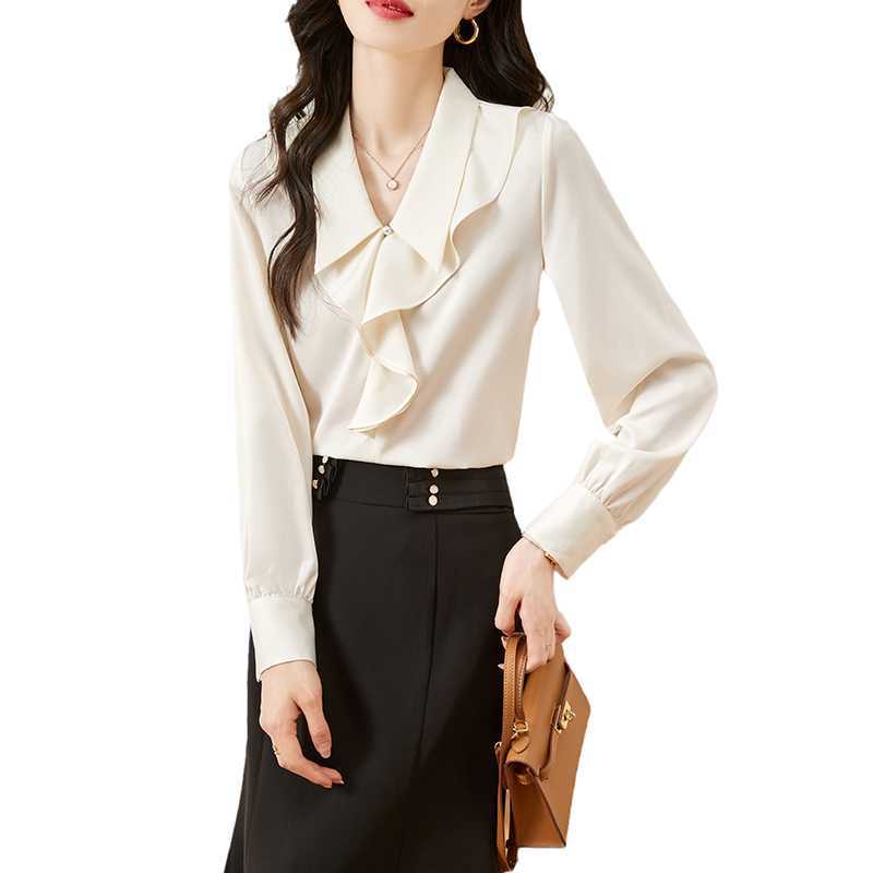 Picture of 2025 Spring and Autumn New Lotus Leaf Collar Satin Shirt Women's Design Niche French Sweet and Chic Top
