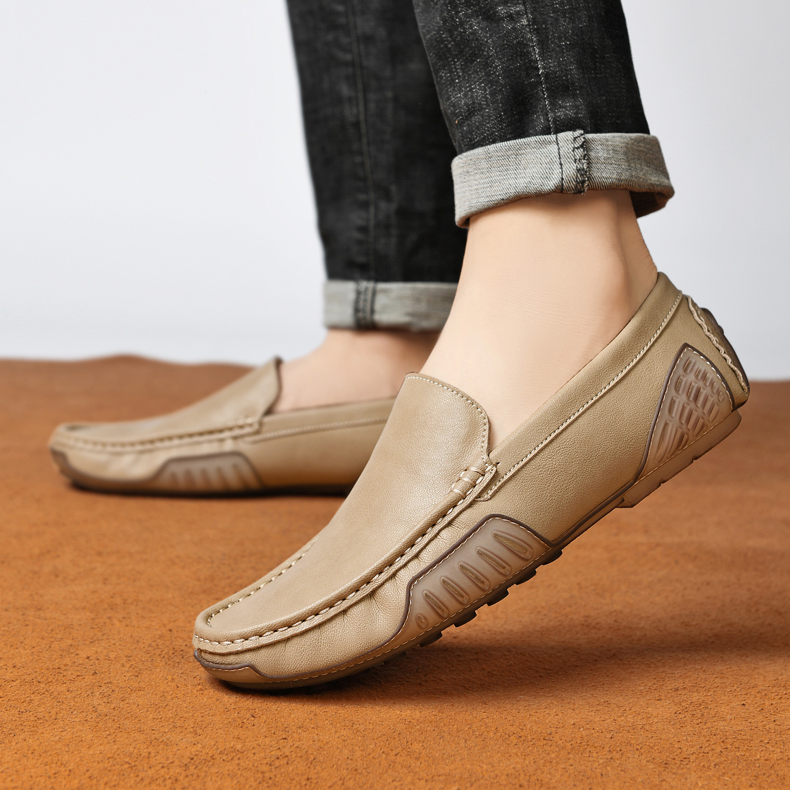 Picture of Cross-Border Large Size Men's Shoes Genuine Leather Beanie Shoes Summer Trend Breathable Casual Leather Shoes Korean Style Slip-On Driving Trendy Shoes