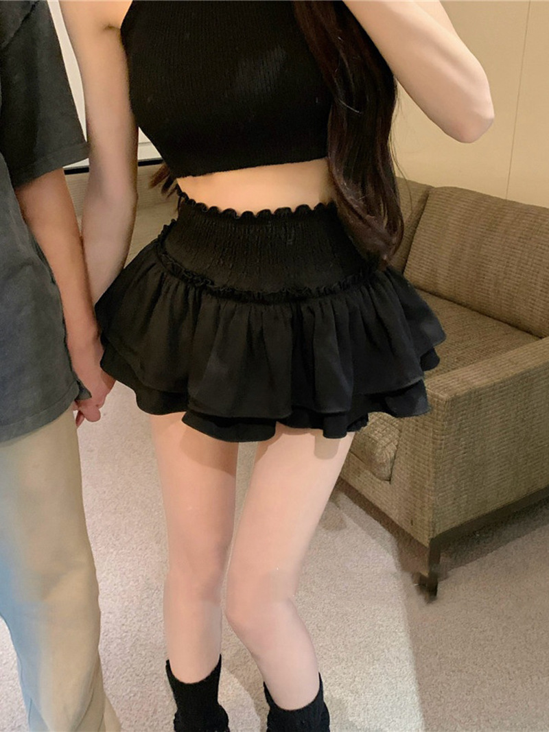 Black Pleated Skirt Women's Summer Ballet Style Cake Skirt High Waist Slimming A- line Skirt Anti-running Short Pants Skirt