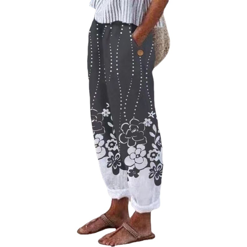 2022 Autumn Cross-border New Amazon wish European and American Sweet Fresh Printed Cotton and Linen Loose Leg Casual Pants